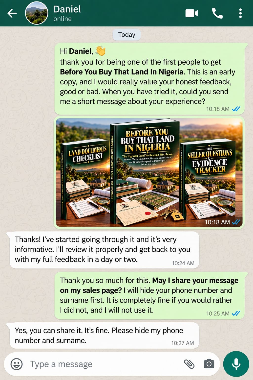 WhatsApp customer feedback conversation 1