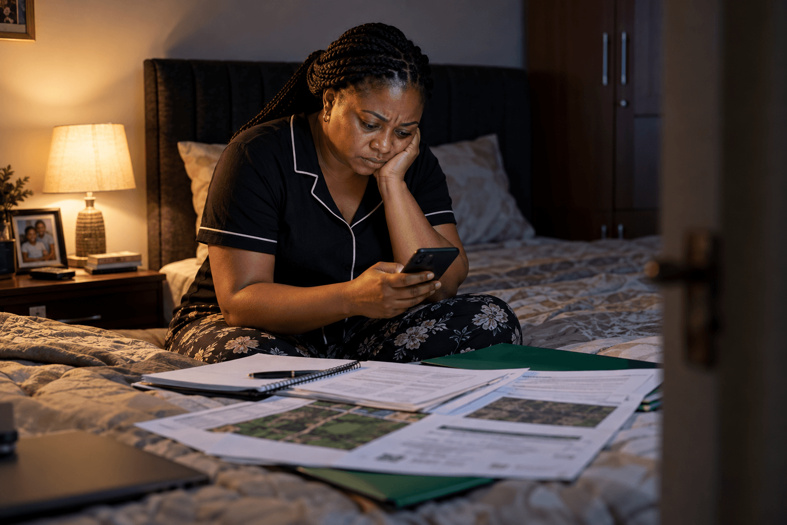 Land buyer reviewing property paperwork and identifying what still needs to be checked